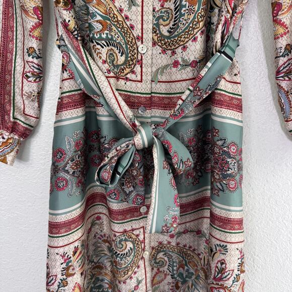 Zara Dress Womens Small Satin Paisley Floral Shirt Belted Boho Midi Blogger Fave - Picture 5 of 13